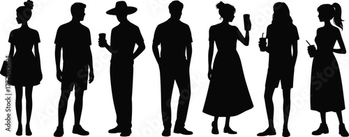 Silhouettes of Casual People Standing with Accessories and Drinks, Depicting Modern Lifestyle, Fashion, and Everyday Social Behavior
