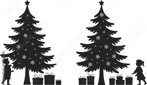 Silhouettes of children near decorated Christmas trees with gifts, snowflakes, and stars in festive holiday vector celebration scene