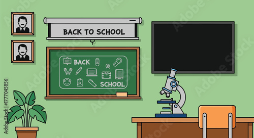 Back to school class with chalkboard and microscope illustration