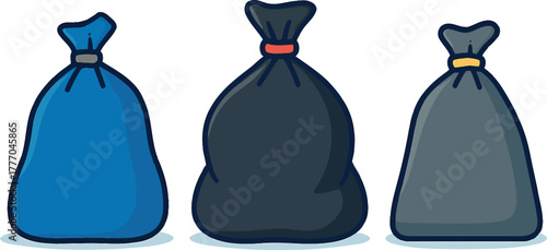 Colorful Cartoon Illustration of Three Filled Garbage Bags Representing Waste Management and Environmental Responsibility