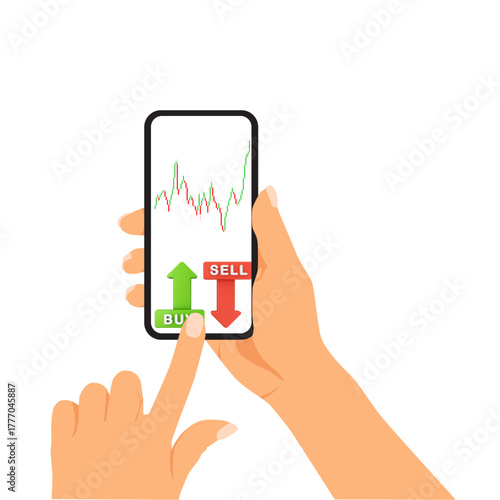 A person's hands holding a smartphone with a stock market trading app, pointing to buy and sell buttons next to a financial graph