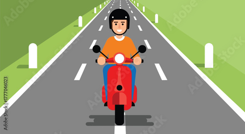 Illustration of man riding red scooter on road with green grass