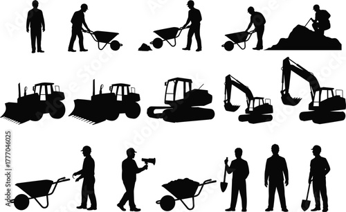 Silhouettes of Construction Workers and Equipment Including Shovels, Wheelbarrows, Bulldozers, and Excavators for Industrial Design Illustration