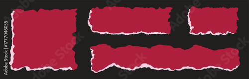 Torn red paper strips on black background. Set of ripped paper edges with rough texture and white torn borders. Perfect for collage design, note elements, scrapbooking, and creative layouts.