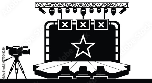 Talent show stage with camera and judges panel black and white art