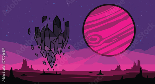 Cartoon planet landscape with floating rocks and pink planet view