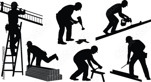 Silhouettes of Construction Workers Performing Carpentry and Building Tasks with Tools Including Saw, Jackhammer, Ladder, and Measuring Equipment