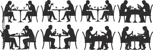 Silhouettes of Couples Sitting at Tables in Café or Restaurant, Engaged in Social Interaction, Dining, Drinking, and Conversation