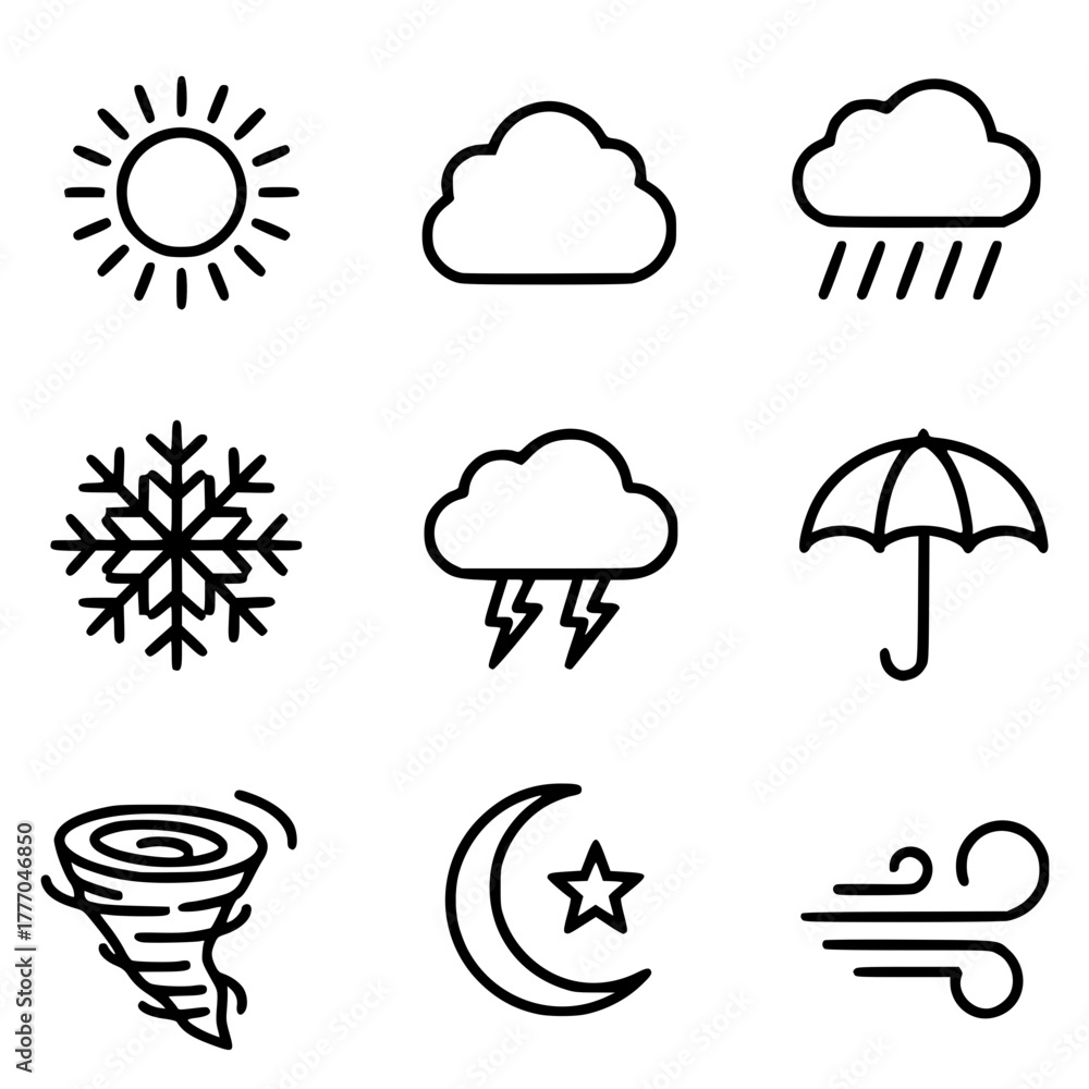 Fototapeta premium Weather Icon Set Sun, Cloud, Rain, Snowflake, Storm, Umbrella, Tornado, Moon, Wind - Simple SVG Icons