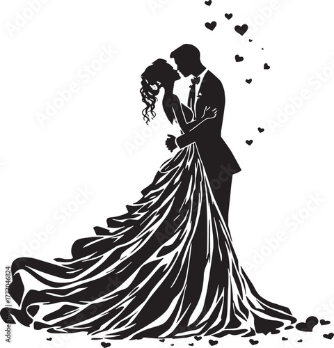 Silhouette of a bride and groom in a romantic embrace with a flowing dress