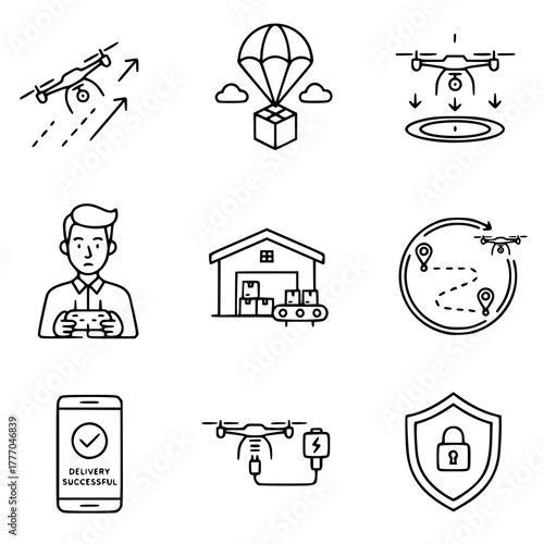 Drone Delivery Service Icon Set Illustrative Icons for Package Shipping and Security 9