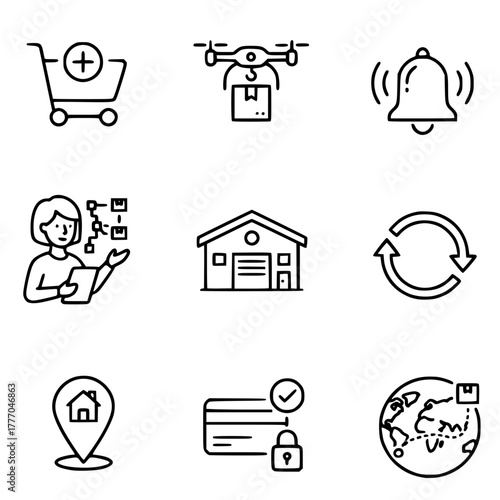 Set of logistics and delivery icons in a clean line art style for e-commerce and business applications, symbolizing online shopping, drones, notifications, planning, warehouses, and global shipping
