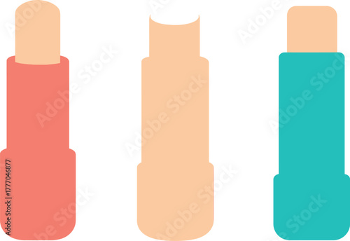 Three Lip Balms in Various Colors on a White Background Beauty and Personal Care Products for Healthy Lips