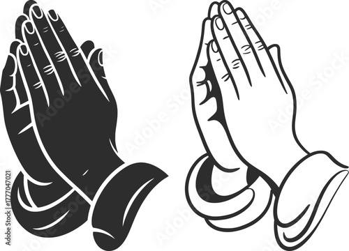 Praying Hands Symbol Black and White Illustration.