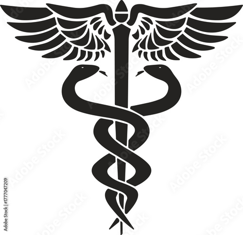 Caduceus symbol vector illustration with staff, two serpents, and wings, classical design, mythology emblem, commerce, medicine, healthcare misinterpretation