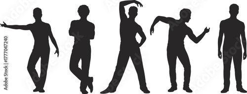 Silhouettes of expressive human figures in dynamic standing poses, showcasing gesture, movement, and body language in vector illustration style