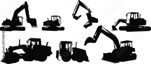 Silhouettes of Heavy Construction Machinery Including Excavators, Bulldozers, and Road Rollers for Engineering, Planning, and Equipment Illustration