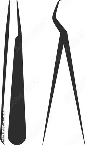 Precision Tweezers and Dental Tool Silhouette Illustration.