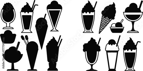 Silhouettes of Ice Cream and Dessert Items Including Cones, Sundaes, Milkshakes, and Cups for Menu and Graphic Design Use