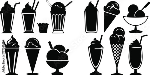 Silhouettes of Ice Cream, Milkshakes, and Dessert Cups in Various Shapes for Menu Design, Branding, and Sweet Treat Illustration
