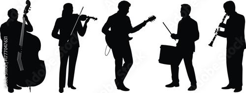 Silhouettes of Musicians Playing Instruments Including Guitar, Violin, Clarinet, Drum, and Double Bass in Live Performance Poses