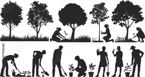 Silhouettes of people gardening—planting, watering, digging, and inspecting plants—in outdoor and potted settings, nature care vector illustration set