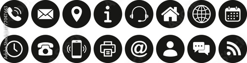 Communication and information icons vector illustration set featuring phone, email, location, calendar, clock, chat, RSS, internet, user