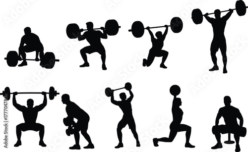 Silhouettes of People Performing Barbell and Dumbbell Exercises Depicting Squats, Lunges, Presses, and Strength Training Movements