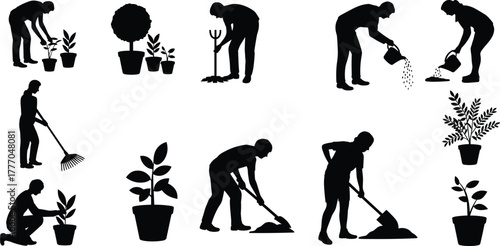 Silhouettes of People Performing Gardening Tasks with Tools and Plants, Depicting Watering, Digging, Planting, and Outdoor Maintenance Activities
