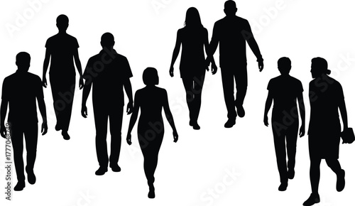 Silhouettes of People Walking in Various Directions Depicting Casual Movement, Companionship, and Everyday Urban Lifestyle