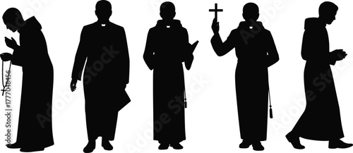 Silhouettes of religious clerics in prayer, blessing, and reading poses, holding cross and book in spiritual vector illustration set