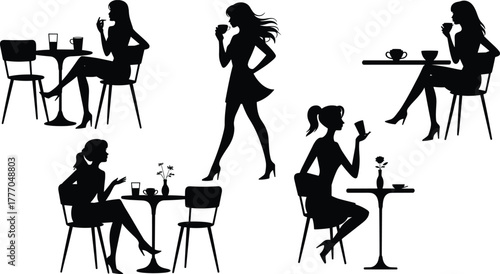 Silhouettes of Stylish Women Socializing at Café Tables Depicting Leisure, Dining, and Modern Lifestyle Moments with Drinks and Phones