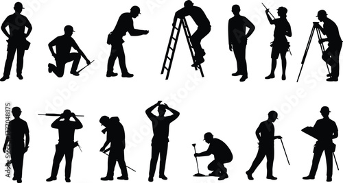 Silhouettes of Surveyors Using Equipment in Various Poses for Land Measurement, Engineering, Construction, and Outdoor Mapping Activities