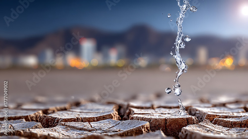 A droplet of water springs from cracked earth, symbolizing drought and water scarcity in urban settings.