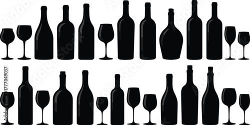 Silhouettes of wine bottles and glasses in various shapes and sizes, organized in rows for hospitality and packaging vector design