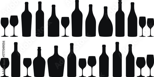 Silhouettes of Wine Bottles and Glasses in Various Shapes Arranged in Rows for Beverage, Barware, and Hospitality Design