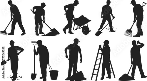 Silhouettes of Workers Performing Manual Labor Tasks with Shovels, Rakes, Wheelbarrows, and Ladders for Construction and Landscaping Use