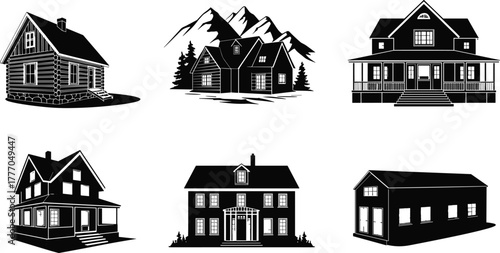 Stylized house silhouettes showcasing diverse architectural styles, residential building designs for real estate, construction, urban planning, and home illustration themes