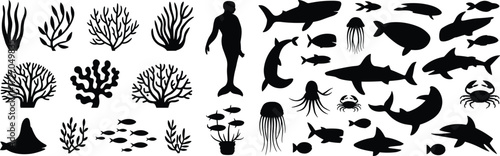 Underwater marine life silhouettes including fish, sharks, seaweed, jellyfish, coral, and mermaid, vector illustration for ocean design themes