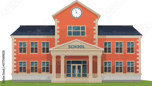 Traditional red brick school building with clock tower, columned entrance, symmetrical wings, windows, and green lawn in vector illustration