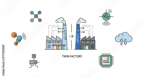 Digital twin factory illustration showcasing technology and industry integration with advanced manufacturing processes