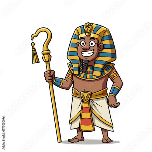 Smiling cartoon Egyptian Pharaoh holding the royal crook, dressed in Nemes and golden regalia.