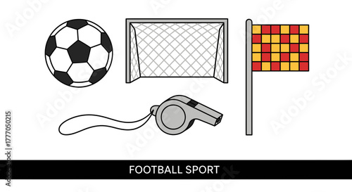 Football sport vector icon set, goal, ball, whistle, flag, flat vector illustration