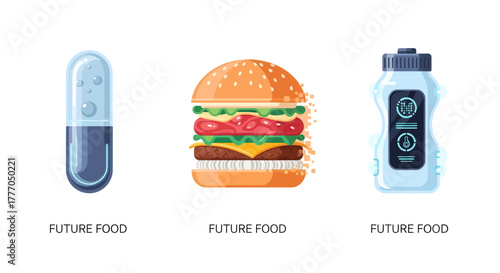Futuristic food and drink vector icons featuring nutrient capsule, 3D printed burger, and smart bottle on a clean background in a flat design