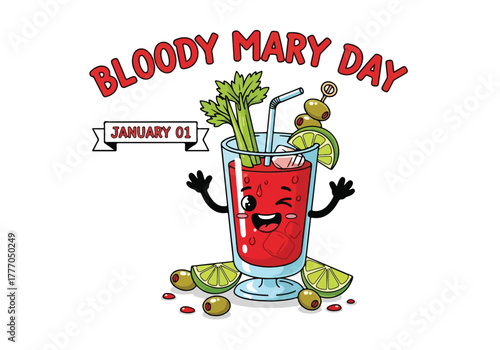 Happy bloody mary day cartoon illustration, featuring a cheerful cocktail glass with celery, olives, and lemon slices