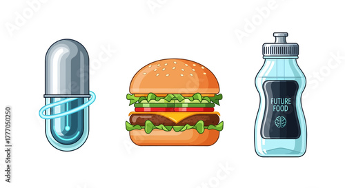 A vector illustration set featuring a supplement capsule, a cheeseburger, and a sports drink bottle on a plain background, showcasing health and nutrition elements