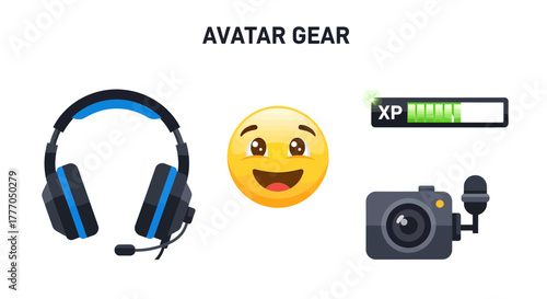 Modern gaming headset, smiling face, high-tech camera, advanced technology gadgets, futuristic accessories