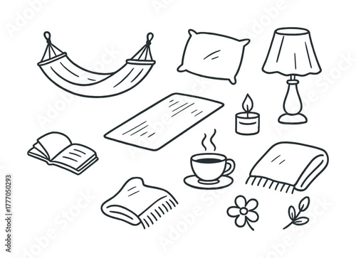 Vector Cozy home elements: hammock, pillow, lamp, blanket, tea, candle, book, and flower sketch