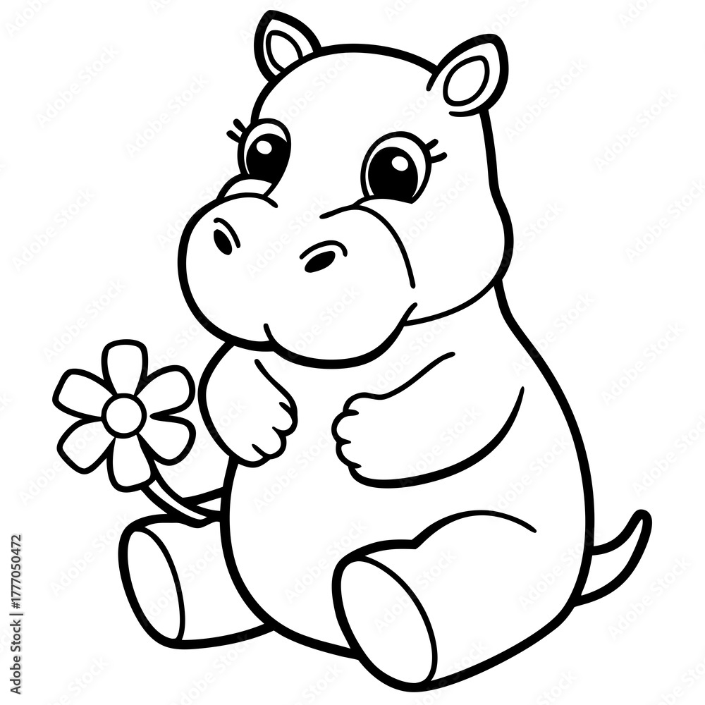 Fototapeta premium Cute baby hippo with a bow on its head sitting and holding a flower while looking shyly 2026 on white background