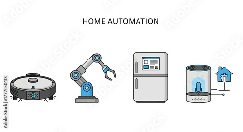 Futuristic home automation devices illustrated in a modern setting with robotic appliances and smart technology